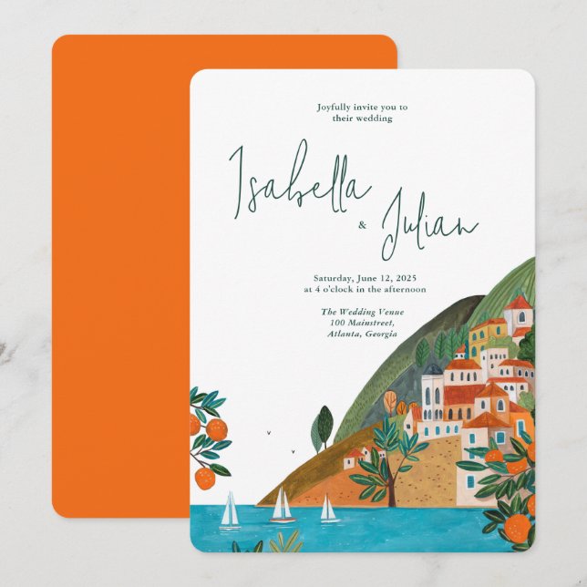 Invitation Italie Mariage orange d'été (Devant / Derrière)