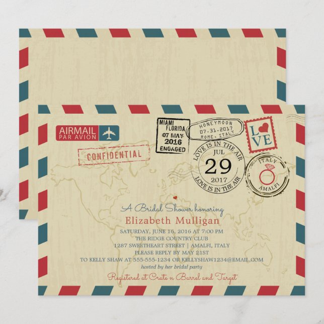 Invitation Italie World Traveller Airmail | Fête des mariées (Devant / Derrière)