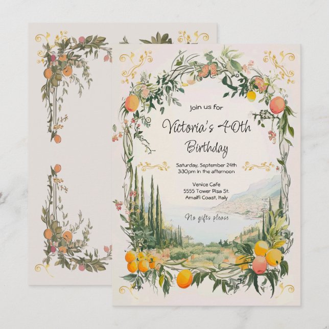 Invitation Italien Amalfi Coastal Lemon floral Anniversaire (Devant / Derrière)