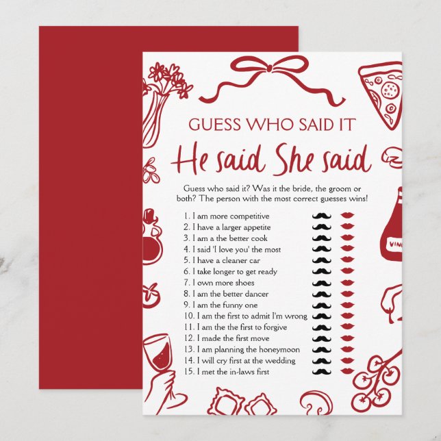 Invitation Italien Amore Il Dit Qu'Elle A Dit Fête des mariée (Devant / Derrière)