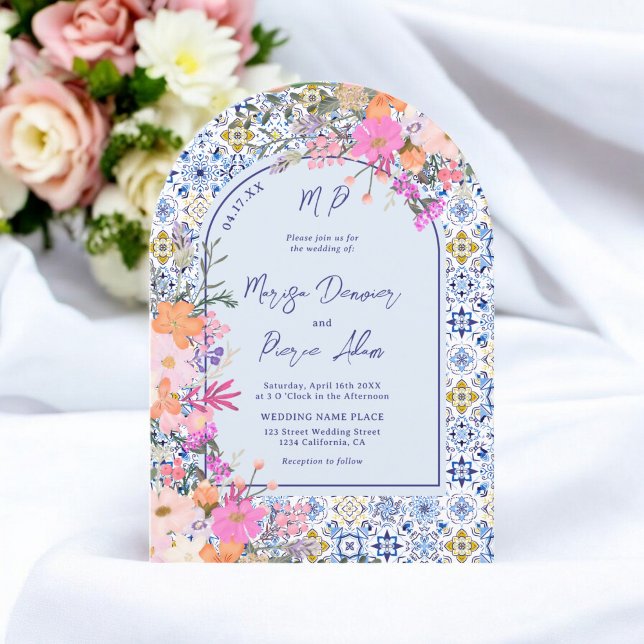 Invitation italien bleu carreaux aquarelle floral photo maria (Italian blue tiles watercolor floral photo wedding invitation)