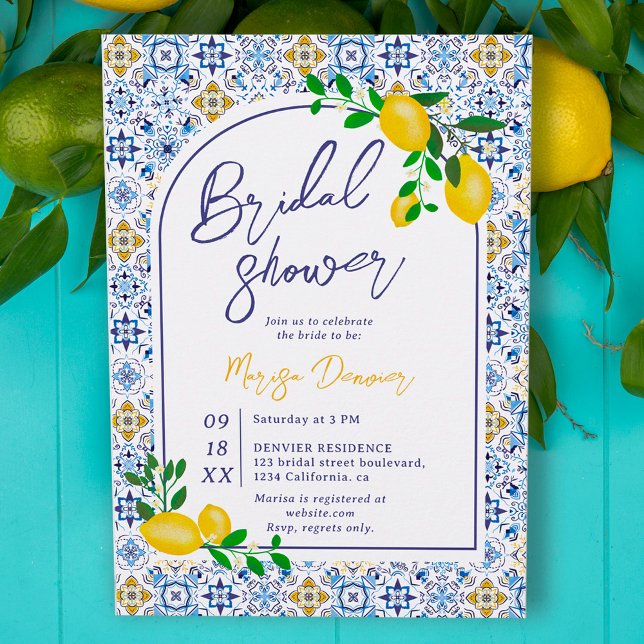 Invitation Italien carrelage bleu aquarelle citron nuptiale (Créateur téléchargé)