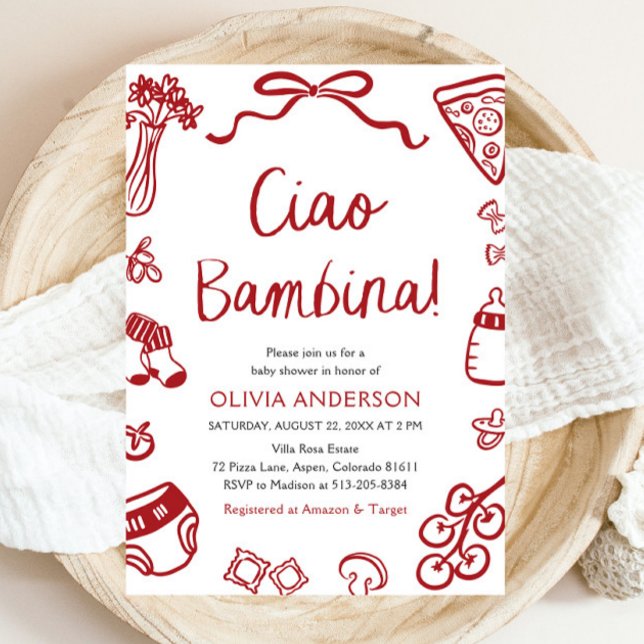 Invitation Italien Ciao Bambina Girl Baby shower lunaire (Watercolor Ciao Bambina Whimsical Italian Pizza Baby Shower Invitation)