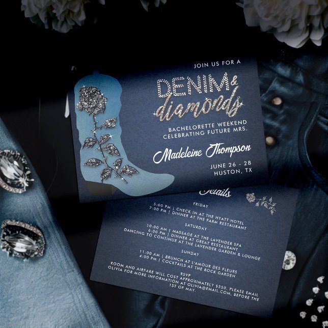 Invitation Itinéraire de bachelorette de démarrage de Denim D (denim and diamonds bachelorette weekend itinerary cowgirl blue jeans boot bling rose glitz glam chic)