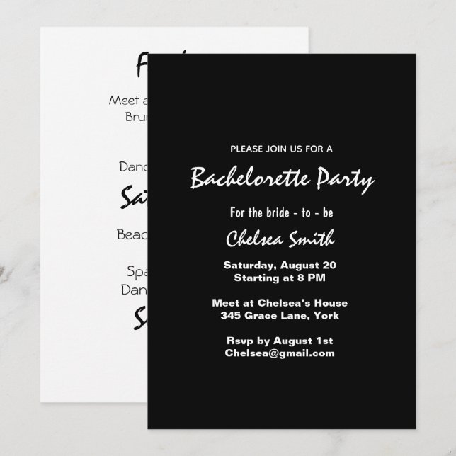 Invitation Itinéraire de la fête de la Bachelorette Noire & B (Devant / Derrière)