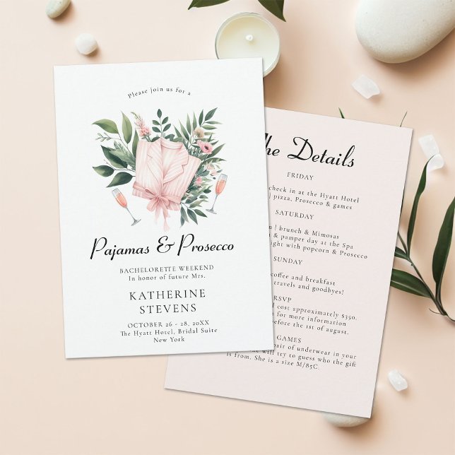 Invitation Itinéraire de la partie de bachelorette de Pyjamas (pajamas prosecco bachelorette itinerary invitation champagne greenery lingerie pj elegant classy )