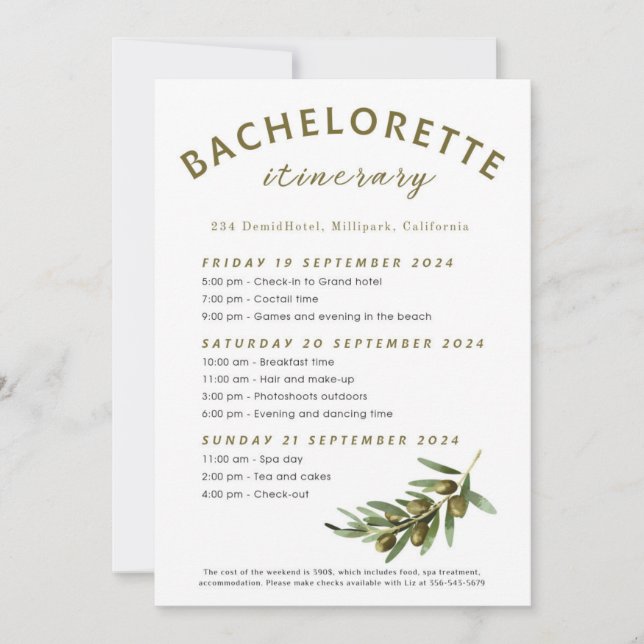 Invitation Itinéraire d'enterrement de vie de jeune fille Oli (Devant)