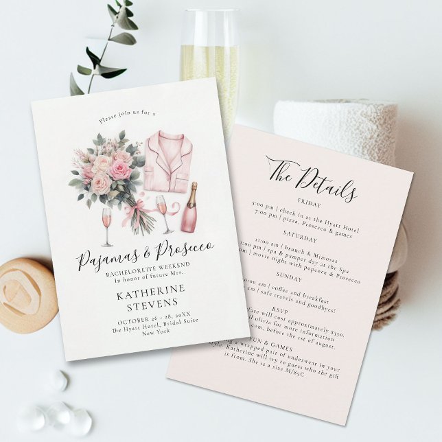 Invitation Itinéraire du Rose de la fête de bachelorette du P (pajamas prosecco bridal shower bachelorette invitation champagne roses lingerie pj elegant classy)