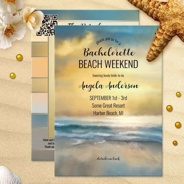 Invitation Itinéraire Du Week-End De Bachelorette  (Bachelorette weekend getaway itinerary template invitation featuring a painting of a beach at sunset)