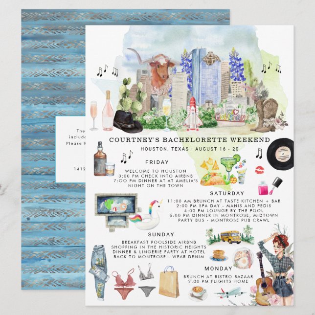Invitation Itinéraire du week-end de bachelorette | Houston,  (Devant / Derrière)