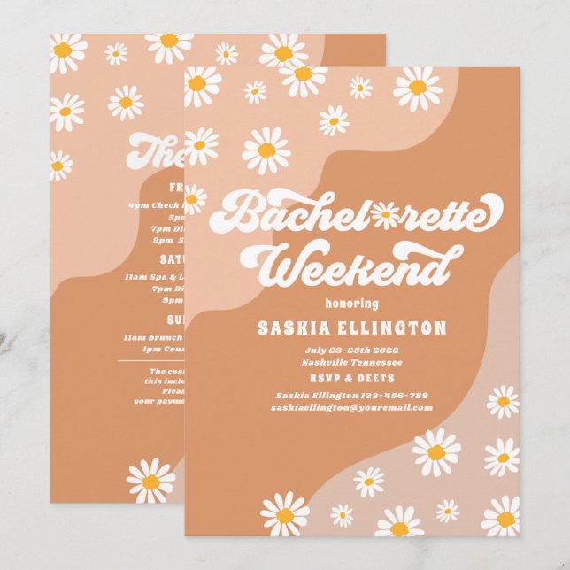 Invitation Itinéraire du week-end les années 70 bachelorette  (Devant / Derrière)