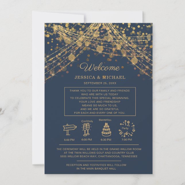 Invitation Itinéraire Mariage de la chaîne d'or bleu marine (Devant)