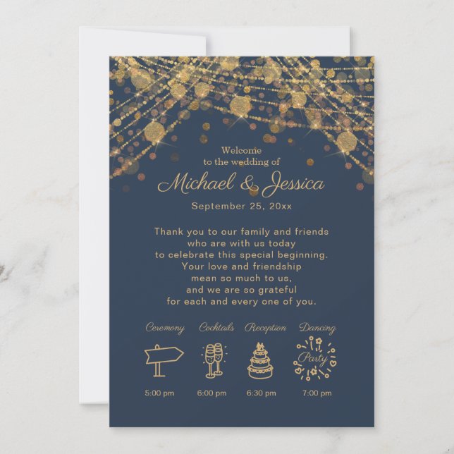 Invitation Itinéraire Mariage de la chaîne d'or bleu marine (Devant)