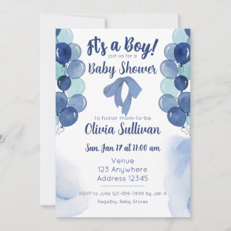 Invitation It's a Boy Blue Watercolor Balloons Baby Shower