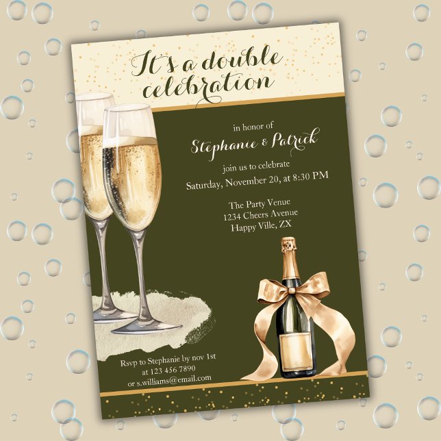 Invitation It's a Double Celebration Green Champagne Birthday (Créateur téléchargé)