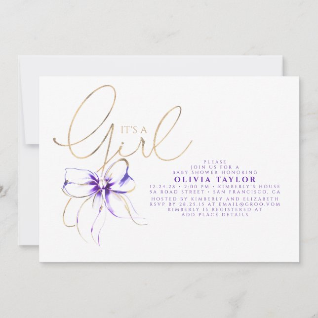 Invitation It's a Girl Purple and Gold Elegant Baby Shower (Devant)