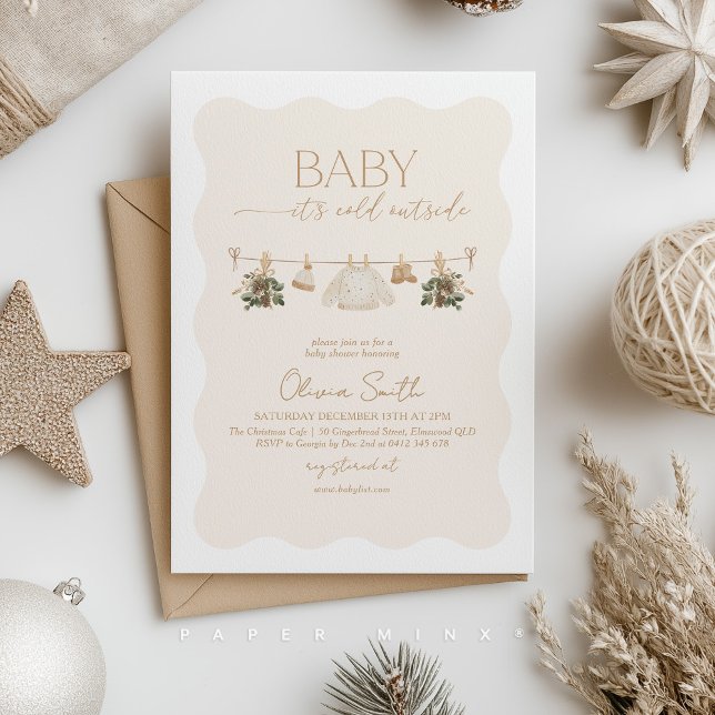 Invitation it's Cold Outside Baby Shower Beige Gender Neutral (Gender Neutral Baby Shower Invitation. Christmas clothesline with baby clothes and greenery. )