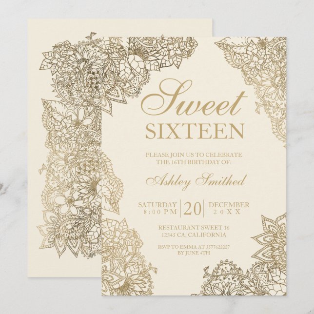Invitation ivoire blanc or floral élégant Sweet sixteen (Devant / Derrière)
