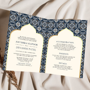 Invitation Ivoire Bleu Nuit Motif Tenue de Mariage Indien Tou