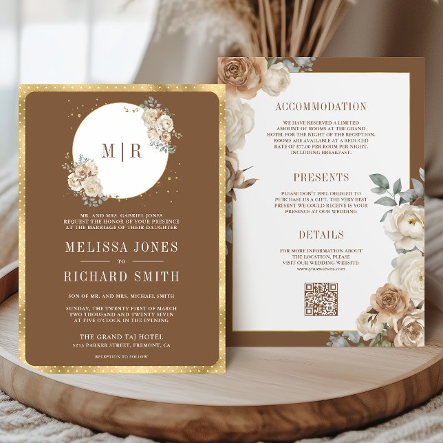 Invitation Ivoire Brown Beige Floral Or tout en un Mariage (Créateur téléchargé)