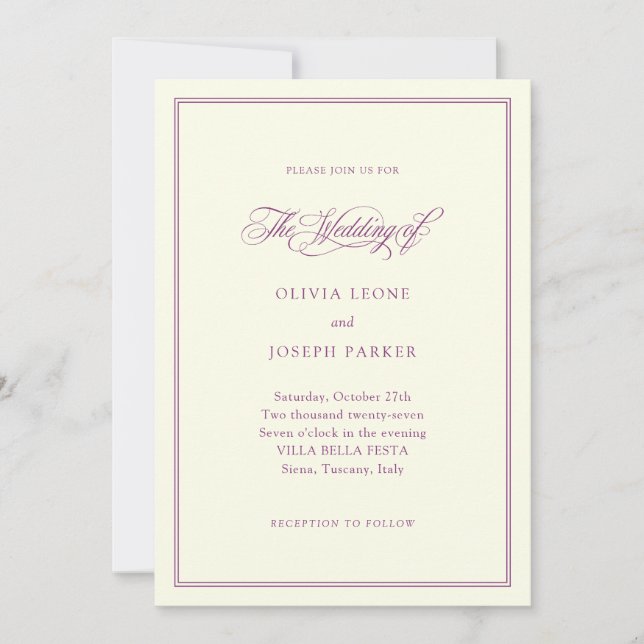 Invitation Ivoire et prune | Mariage classique italien d'élég (Devant)