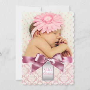 Invitation Ivoire et rose damas bébé fille photo baptême