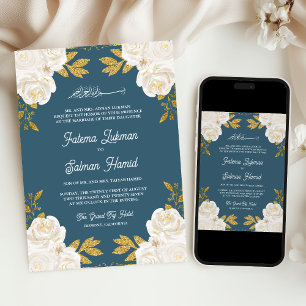 Invitation Ivoire Floral Or Gold Poussiéreux Bleu Mariage Mus