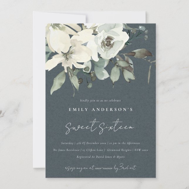 INVITATION IVOIRE GRIS BLANC FLORAL BUNCH SWEET 16 ANNIVERSAI (Devant)
