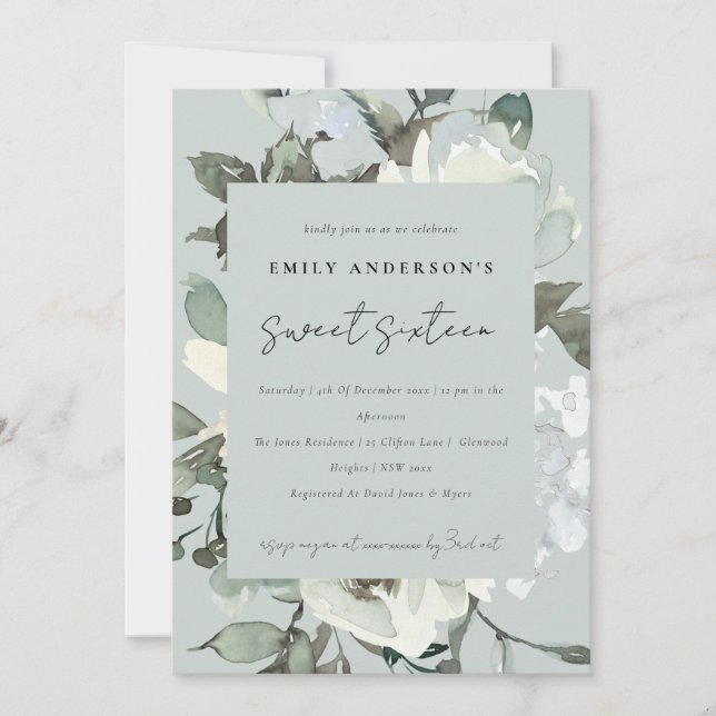 INVITATION IVOIRE GRIS BLANC FLORAL BUNCH SWEET 16 ANNIVERSAI (Devant)