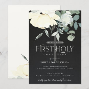 INVITATION IVOIRE NOIR AQUA BLANC PREMIÈRE COMMUNION FLORALE 