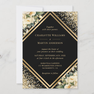 Invitation Ivoire Noir Confetti Mariage floral géométrique