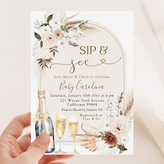 Invitation Ivory Beige Boho Floral Sip et voir Baby shower (Créateur téléchargé)