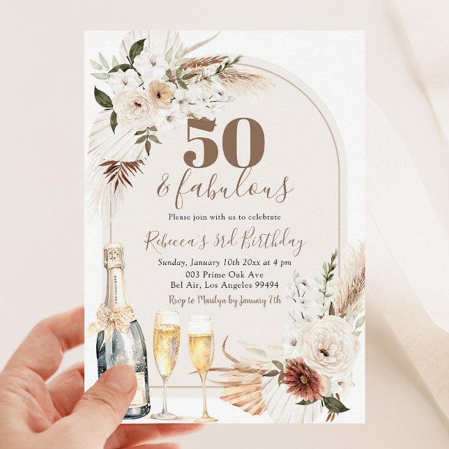 Invitation Ivory Beige Boho Floral Vin Adulte Anniversaire (Créateur téléchargé)
