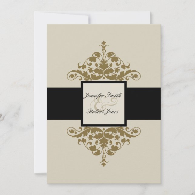 Invitation Ivory Black et Gold Mariage damassé (Devant)