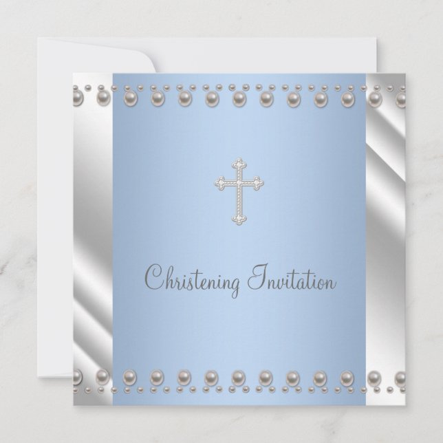 Invitation Ivory Blue Pearl Cross Boy Christening (Devant)