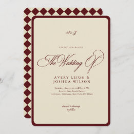 Invitation Ivory & Burgundy Checkered Border Retro Wedding