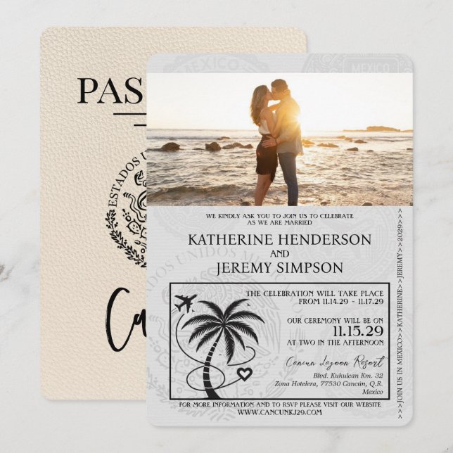 Invitation Ivory Cancun Mariage de passeport (Devant / Derrière)
