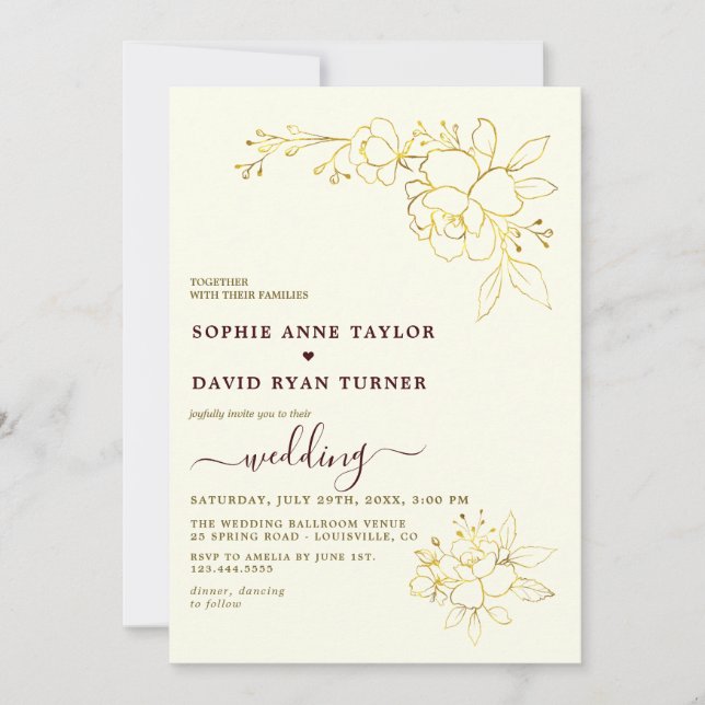 Invitation Ivory Deep Burgundy Stripes Gold Floral Wedding (Devant)