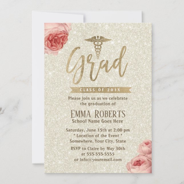 Invitation Ivory Elegant Floral Gold Médicale Nurse Graduatio (Devant)