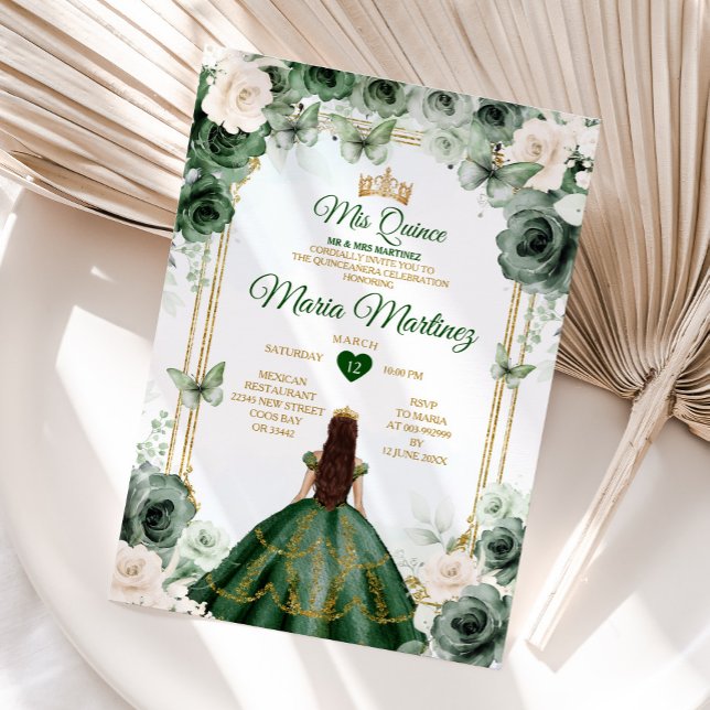Invitation Ivory & Emerald Green Floral Princess Mis Quince (Créateur téléchargé)