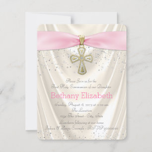 Invitation Ivory et Rose Croix Première Communion Satin