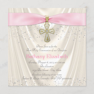 Invitation Ivory et Rose Croix Première Communion Satin Paill