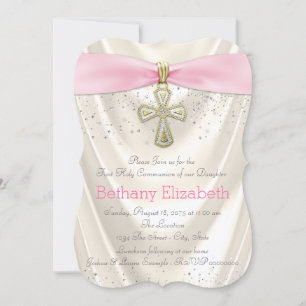 Invitation Ivory et Rose Croix Première Communion Satin Paill
