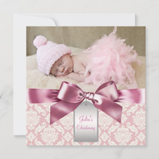 Invitation Ivory et rose Damask Baby Girl Photo Christening (Devant)