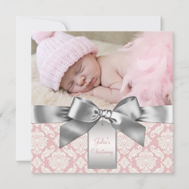Invitation Ivory et rose Damask Baby Girl Photo Christening (Devant)