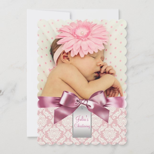 Invitation Ivory et rose Damask Baby Girl Photo Christening (Devant)