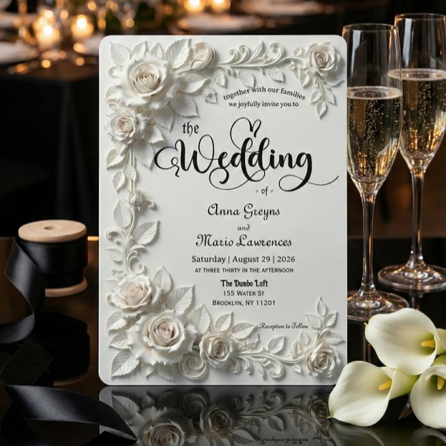 Invitation Ivory Faux Plaster Relief Roses Formal Wedding  (Créateur téléchargé)