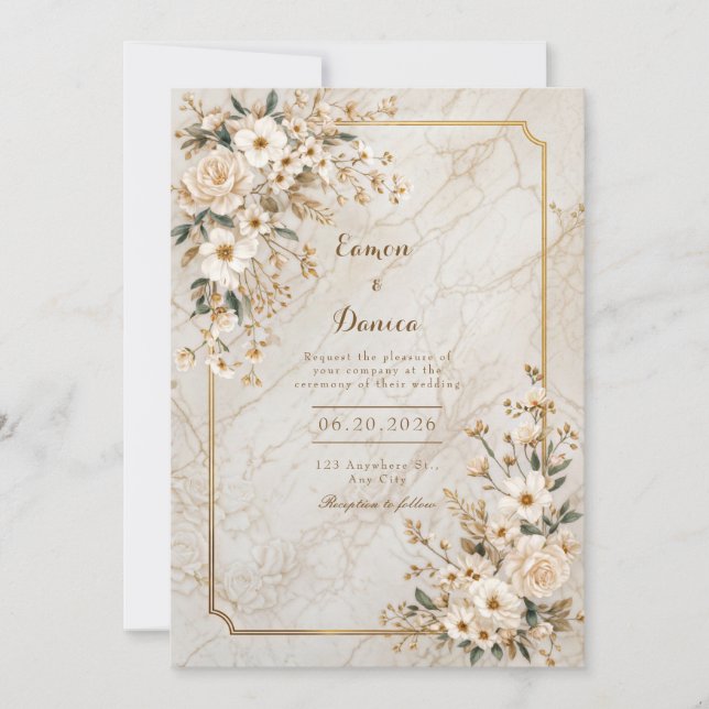 Invitation Ivory Floral Marble Gilded Frame Wedding (Devant)