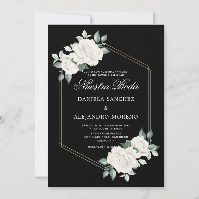 Invitation Ivory Floral Noir Nuestra Boda Mariage espagnol (Devant)