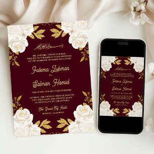 Invitation Ivory Floral Or Bourgogne Mariage musulman